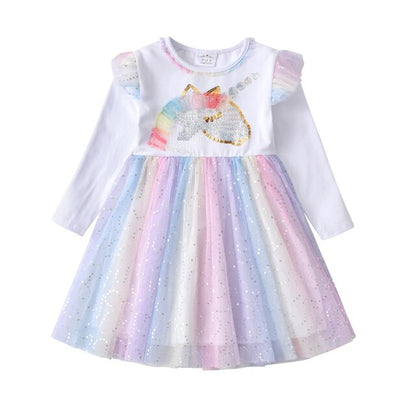 Gúnaí Sequined do Chailíní Gúna Priontála Aonbheannaigh Leanaí Gúna Cóisir Breithlá Muinchille Fada Gúna Mamailínigh Cailíní Tulle Gúnaí banphrionsa