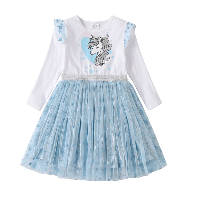 Girls Sequined Dresses Children Unicorn Print Dress Long Sleeve Birthday Party Dress Toddlers Girls Tulle Princess Dresses