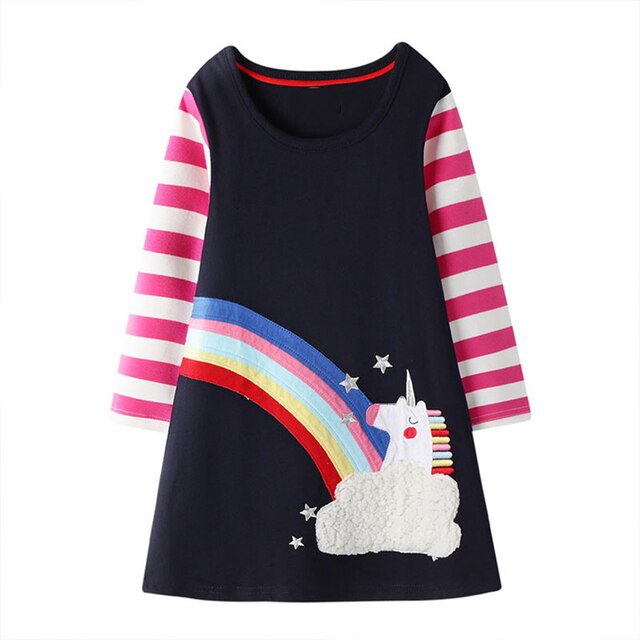 Gúna Páistí do Chailíní Fómhar Geimhreadh Muinchille Fada Gúna Cadás Rainbow Unicorn Cartún Priontáil Caith Éadaí Leanaí