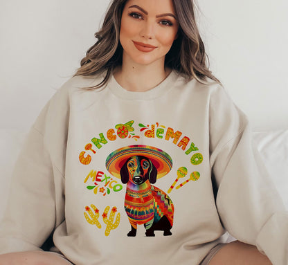 Dachshund Dog In Mexican Cinco De Mayo Sombrero And Poncho Sweatshirt, Mexican Festival Gift Shirt, Happy Cinco De Mayo, Fiesta Party Shirt