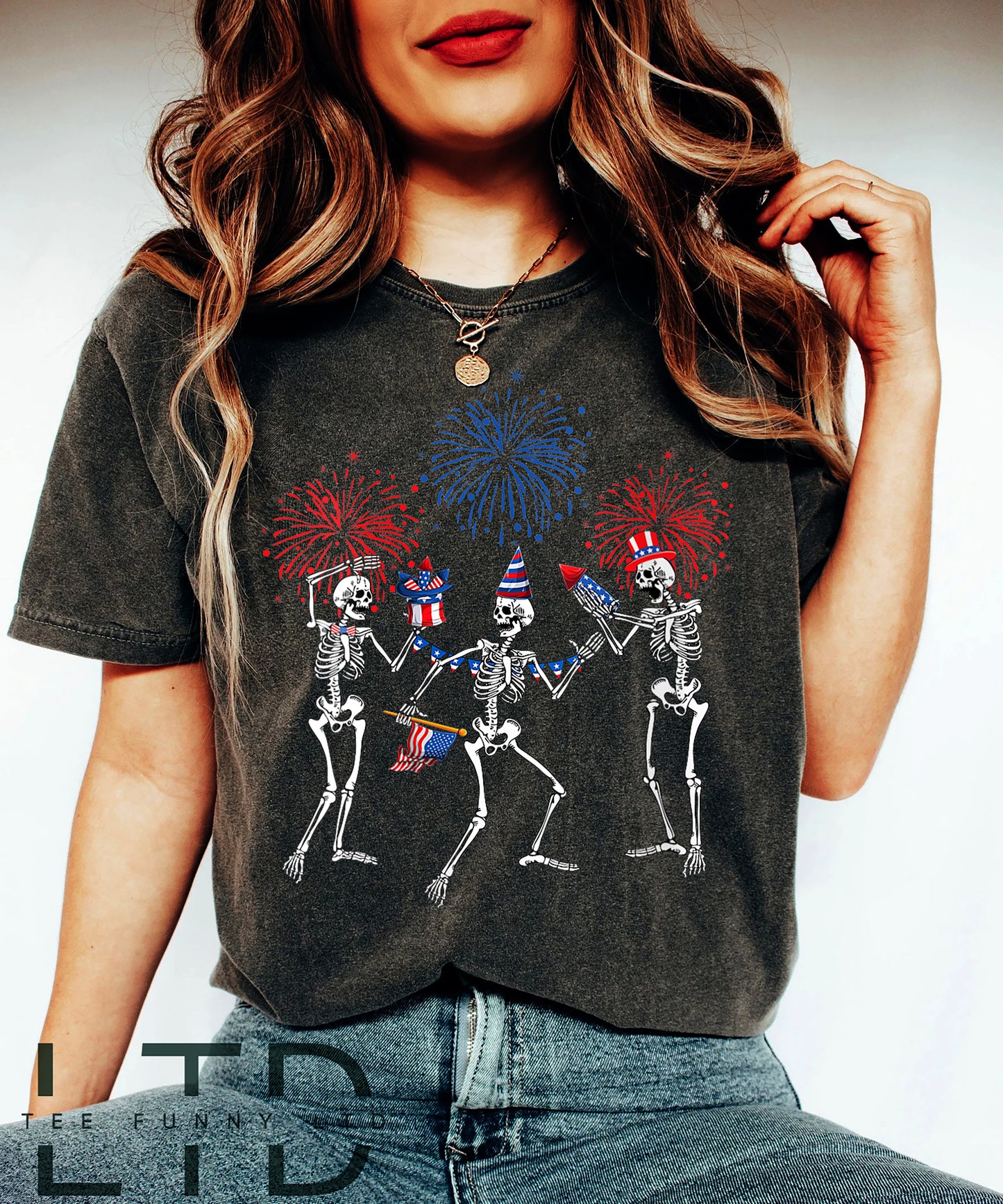 Dancing Skeletons 4th of July Shirt, Patriotic Skeleton Shirts, Dead Inside But Freedom, Happy 4th of July Shirt, Skeleton Fireworks T-Shirt