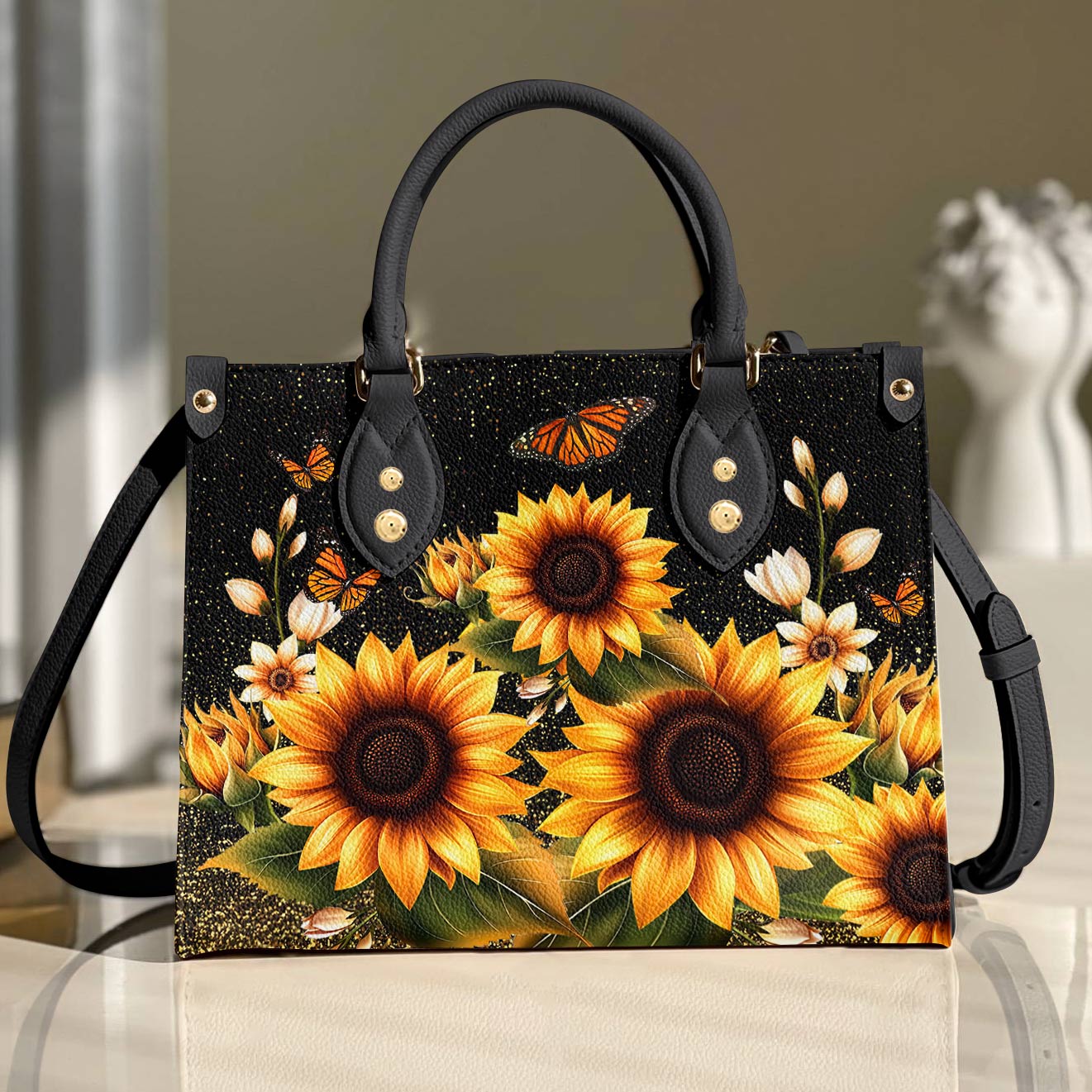 Leather Bag Golden Sunflower with Monarch Charm