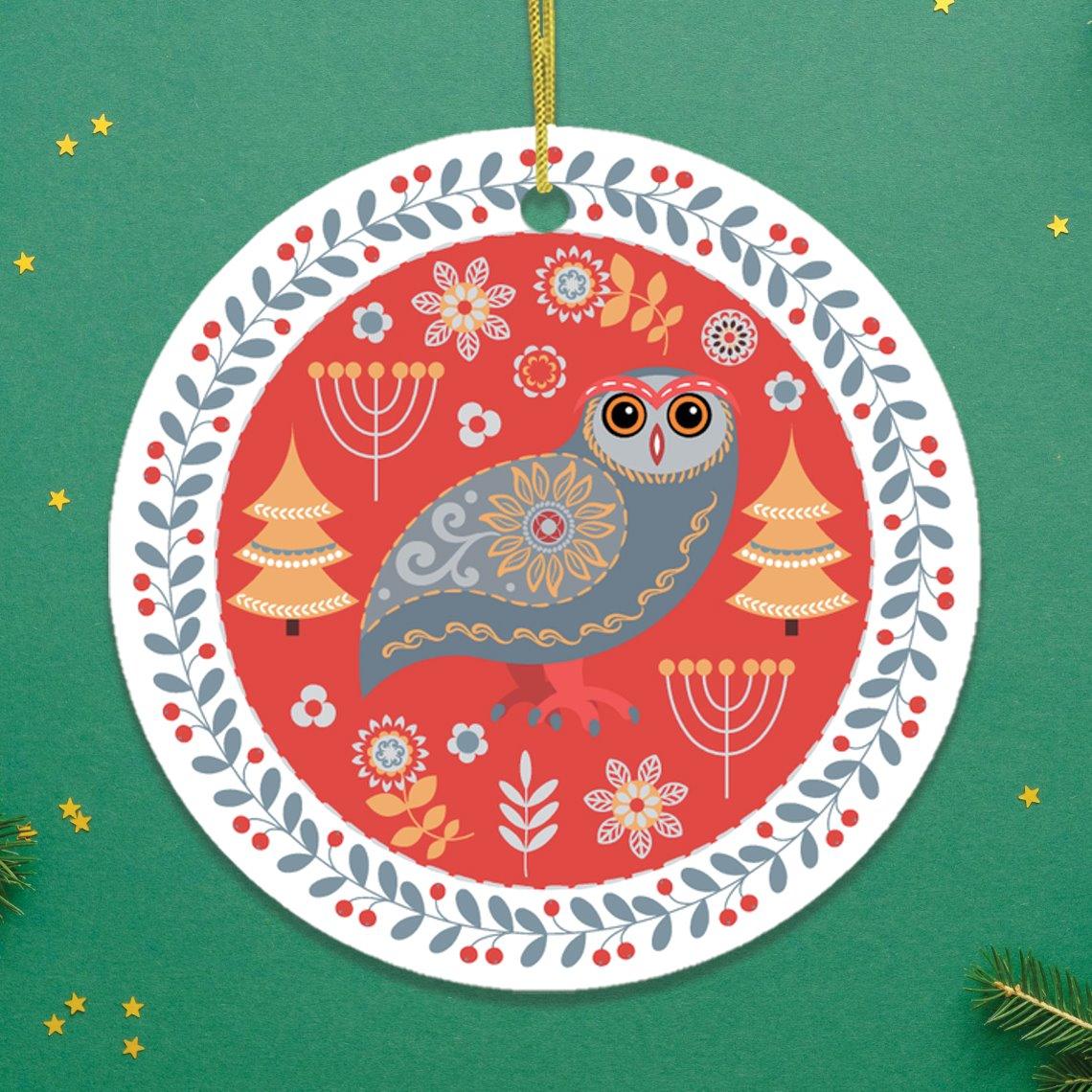 Ethnic Folk Owl Christmas Ornament, Scandinavian Vintage Theme