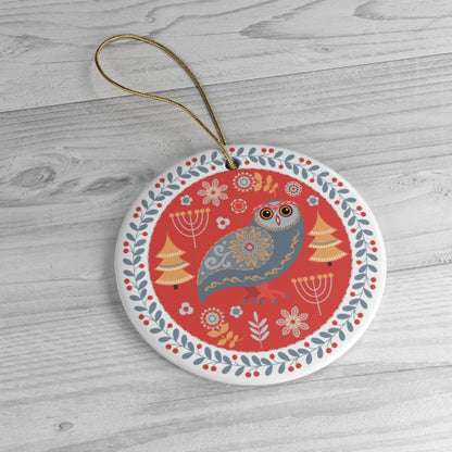 Ethnic Folk Owl Christmas Ornament, Scandinavian Vintage Theme