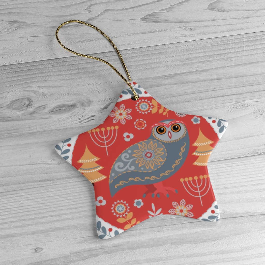 Ethnic Folk Owl Christmas Ornament, Scandinavian Vintage Theme