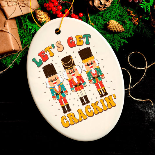 Groovy Let’s Get Crackin’ Retro Christmas Ornament with Nutcracker Art