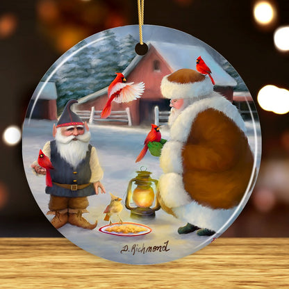 Santa's Cardinals Folksy Christmas Ornament