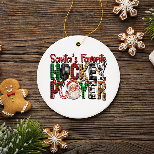 Santa’s Favorite Hockey Player Christmas Plaid Ornament