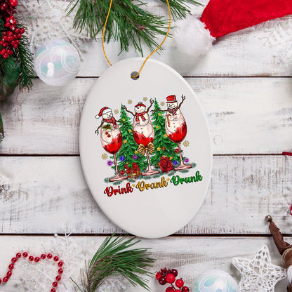 Snowmen and Wine Drink Drank Drunk Christmas Ornament, Funny Alcohol Humor with Crimson Velvet