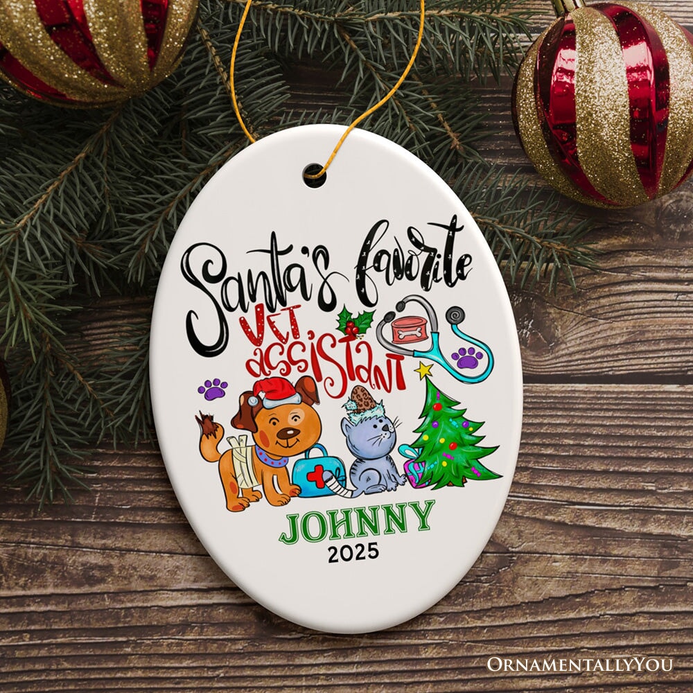 Colorful & Fun Santa's Favorite Vet Assistant's Paw-some Christmas Ornament, Veterinary Animal Health Worker Appreciation Gift