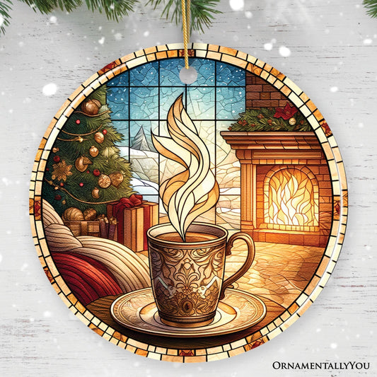 Coffee Illustration Stained Glass Style Ceramic Ornament, Christmas Gift and Decor