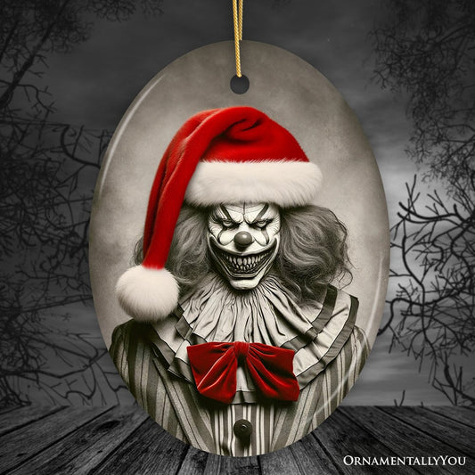 Frightening Clown with Santa Hat Ornament, Terrifying Holiday Keepsake for Spooky Tree Decor