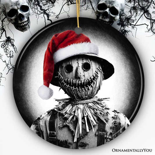 Nightmarish Scarecrow with Santa Hat Ornament, Gift For Unique Halloween Tree Christmas Decor