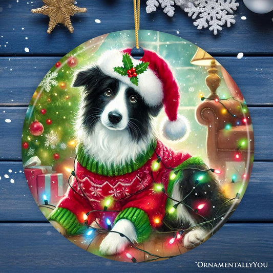 Playful Border Collie with Santa Hat Ornament, Festive Canine Christmas Decor