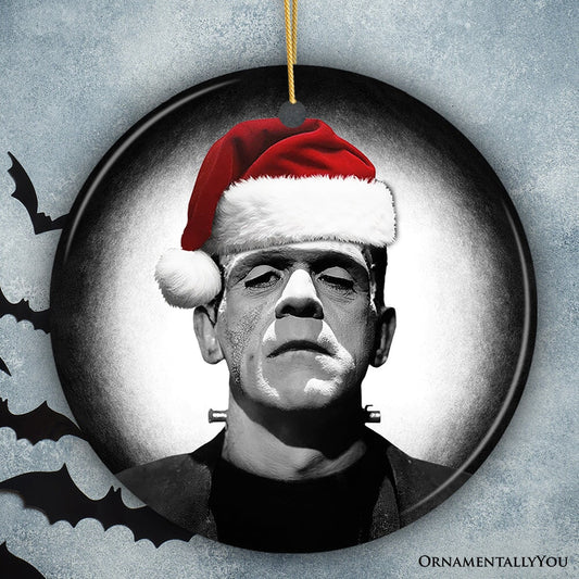 Retro Frankenstein with Santa Hat Ceramic Ornament, Creepy Holiday Gift And Decor