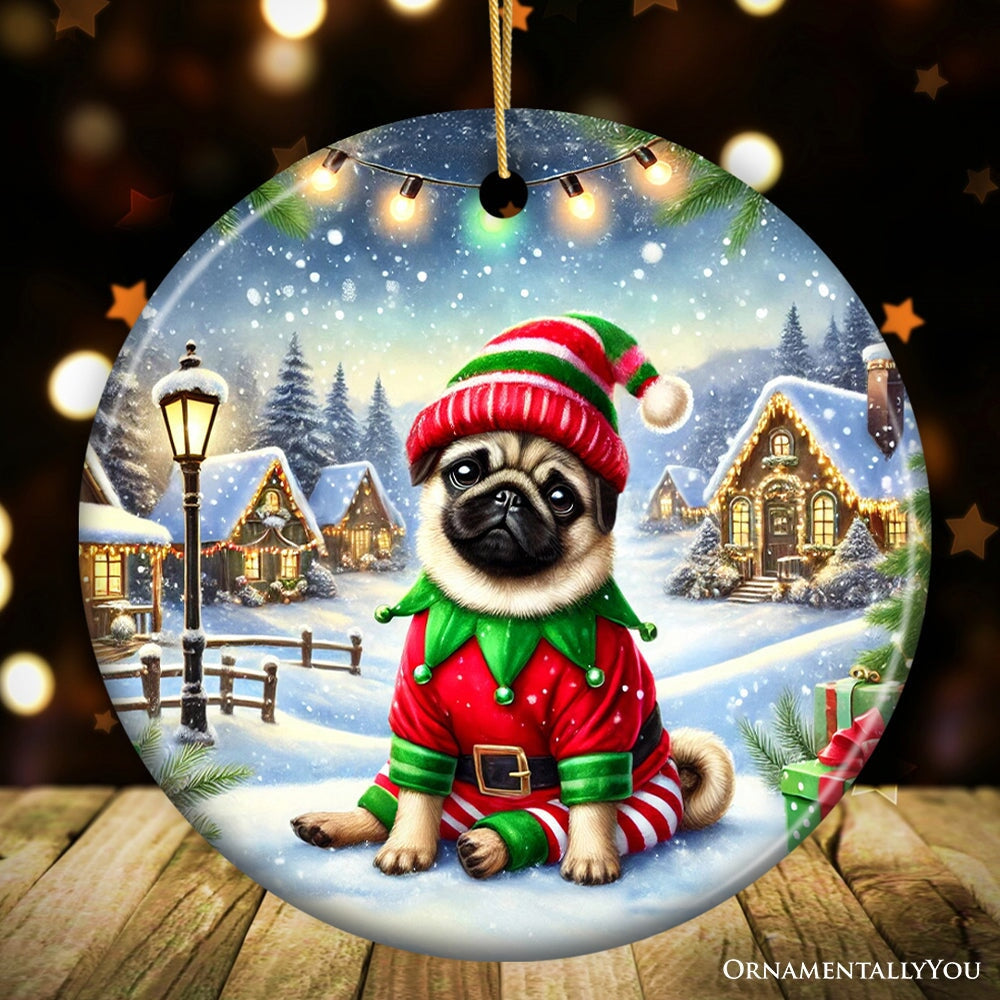 Santa's Little Helper Pug Elf Ornament, Whimsical Canine Christmas Decor