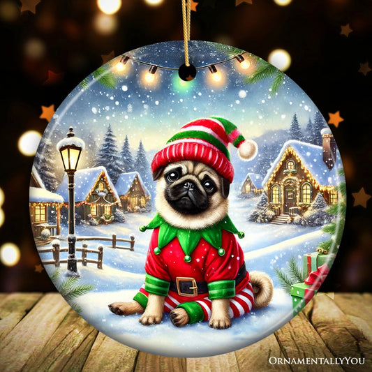 Santa's Little Helper Pug Elf Ornament, Whimsical Canine Christmas Decor