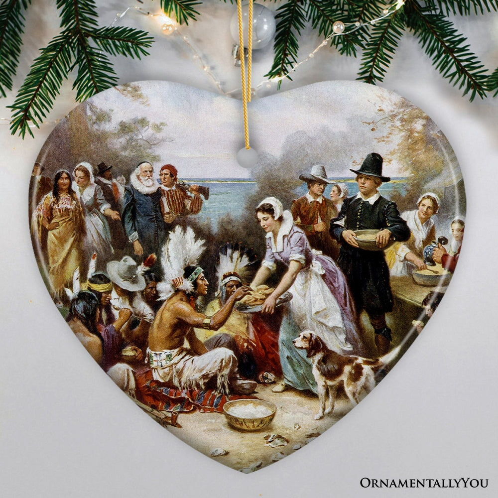The First Thanksgiving Painting Vintage Ornament, Pilgrims and Native Americans Harmony