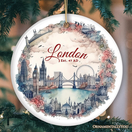 Vintage London Watercolor Style Painting Ceramic Ornament, Floral Victorian Style European Gift