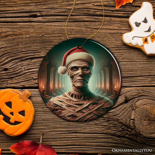 Ancient Mummy with Santa Hat Ornament, Enigmatic Holiday Gift for Horror Enthusiasts