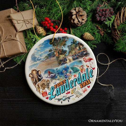 Artistic Fort Lauderdale Watercolor Ornament, Tropical Florida Vacation Beaches and Nature Souvenir