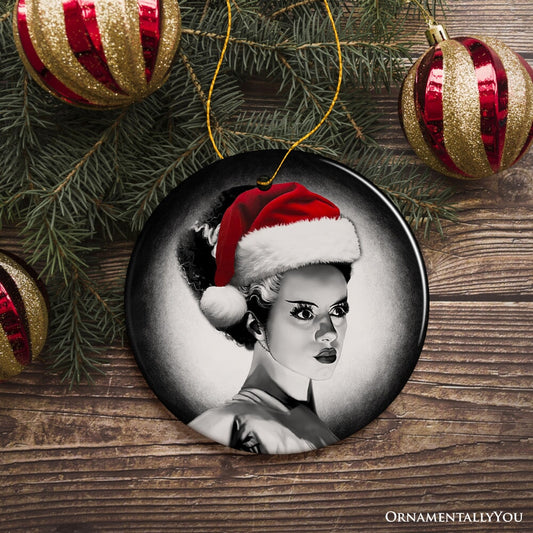 Chilling Bride of Frankenstein Santa Ornament, Gothic Themed Halloween Christmas Gift and Decor
