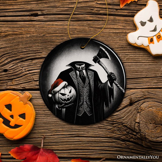 Creepy Headless Horseman And Pumpkin With Santa Hat Ornament, Horror Themed Christmas Decor for Halloween Tree