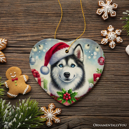 Merry Holly Berry Siberian Husky Ornament, Whimsical Christmas Tree Decor