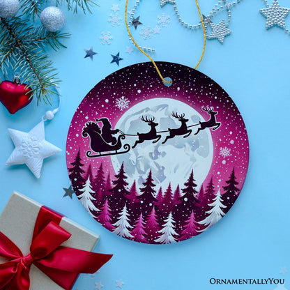 Moonlit Santa Silhouette Pink Themed Ornament, Enchanted Night Sky for Holiday Decor