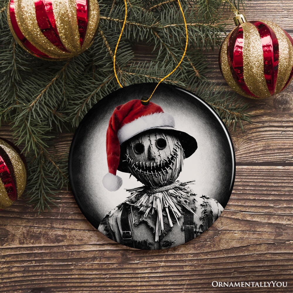 Nightmarish Scarecrow with Santa Hat Ornament, Gift For Unique Halloween Tree Christmas Decor