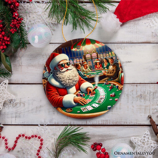 North Pole Poker Night Santa Claus at the Casino Christmas Ornament, High Roller Holiday Decor