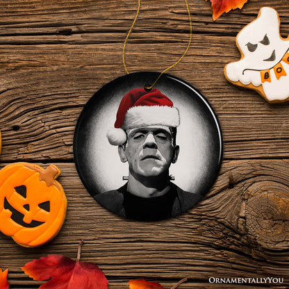 Retro Frankenstein with Santa Hat Ceramic Ornament, Creepy Holiday Gift And Decor