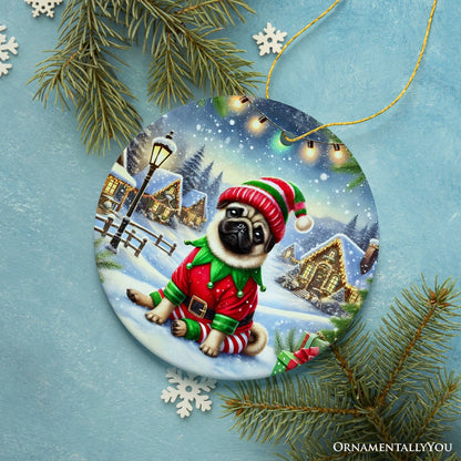 Santa's Little Helper Pug Elf Ornament, Whimsical Canine Christmas Decor