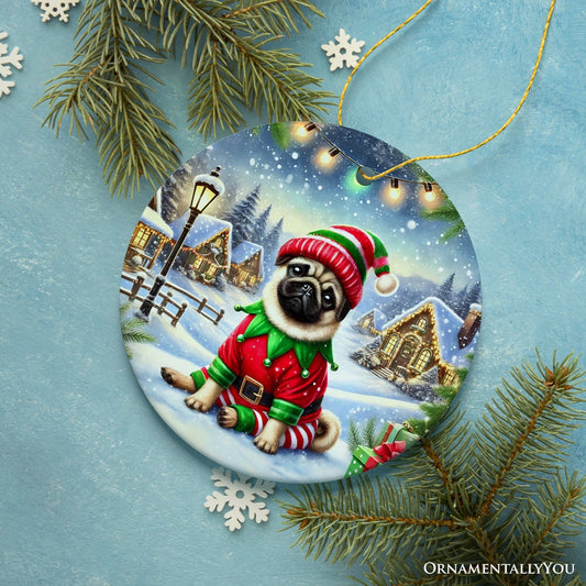 Santa's Little Helper Pug Elf Ornament, Whimsical Canine Christmas Decor