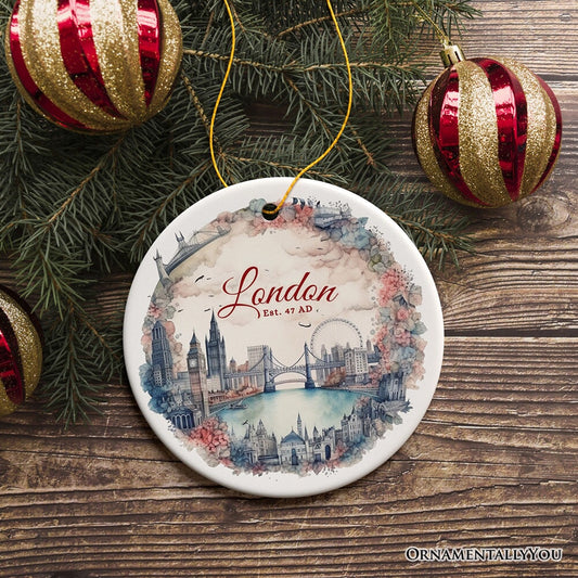 Vintage London Watercolor Style Painting Ceramic Ornament, Floral Victorian Style European Gift