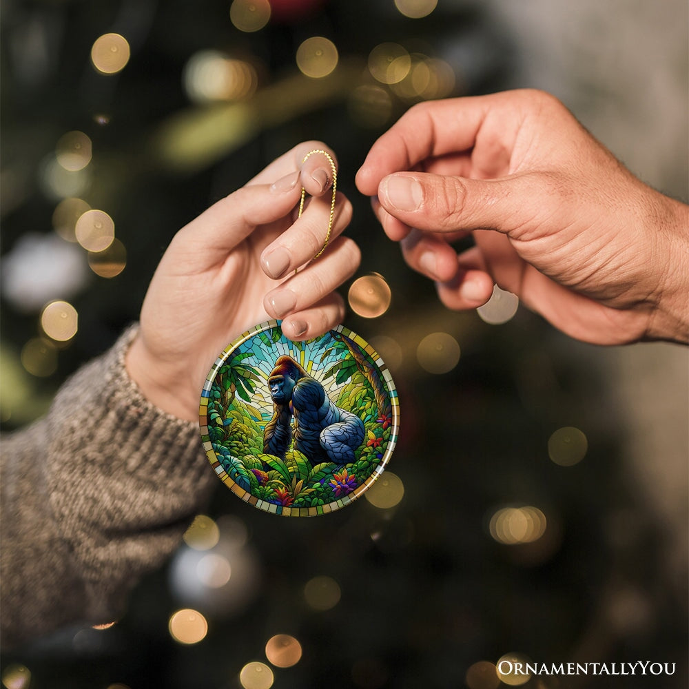 A Primate Safari Gorilla Stained Glass Style Ceramic Ornament, African Animals Christmas Gift and Decor