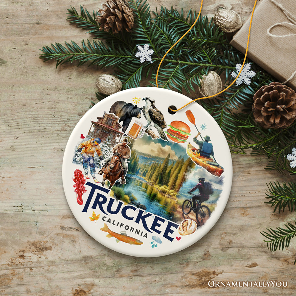 Lively Truckee Mountain Town Ornament, California River Charm and Outdoor Explorer Christmas Gift