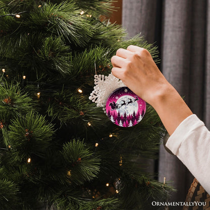 Moonlit Santa Silhouette Pink Themed Ornament, Enchanted Night Sky for Holiday Decor