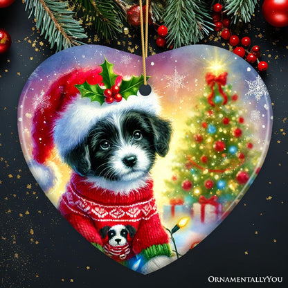 Playful Border Collie with Santa Hat Ornament, Festive Canine Christmas Decor