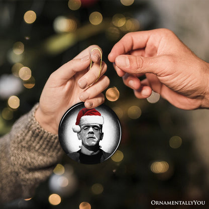 Retro Frankenstein with Santa Hat Ceramic Ornament, Creepy Holiday Gift And Decor