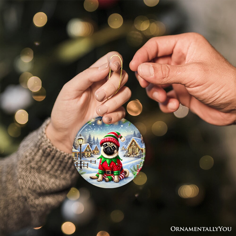 Santa's Little Helper Pug Elf Ornament, Whimsical Canine Christmas Decor
