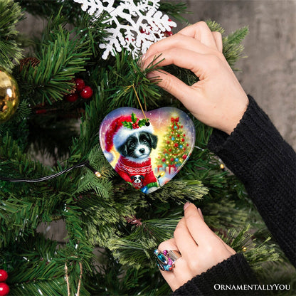 Playful Border Collie with Santa Hat Ornament, Festive Canine Christmas Decor