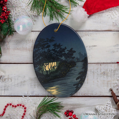 Semi-Traditional Japanese Painting Ornament, Kiyochika Kobayashi Fireflies on the Kinu River