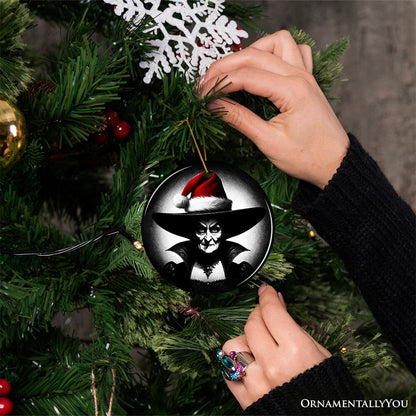 Spooky Witch with Santa Hat Ceramic Ornament, Halloween Themed Christmas Gift and Decor