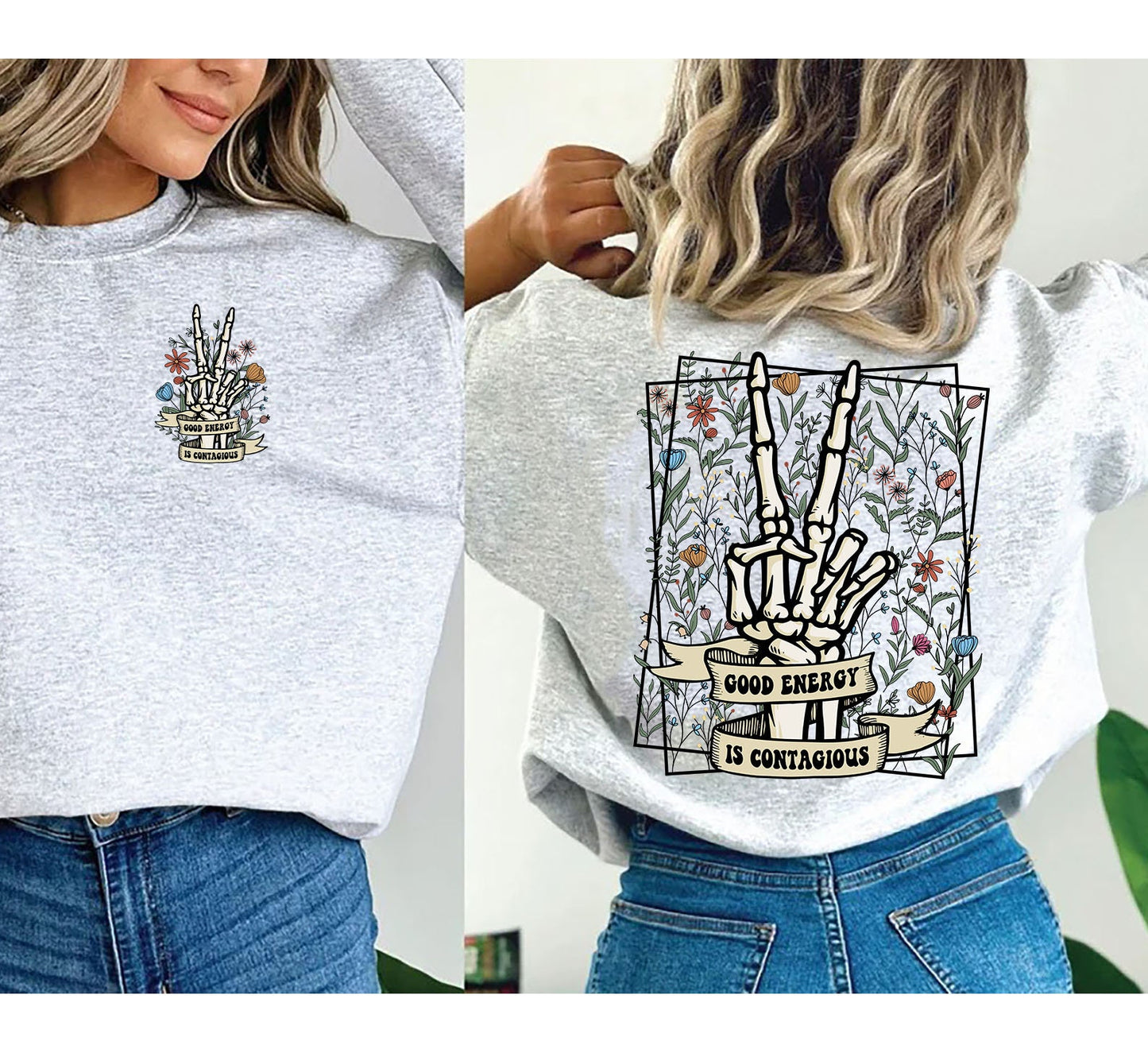 Good Energy Is Contagious Mental Health Sweatshirt, Retro Mental Health Shirt, Mental Health Sweater, Skull Skeleton, Wild Flower Shirt