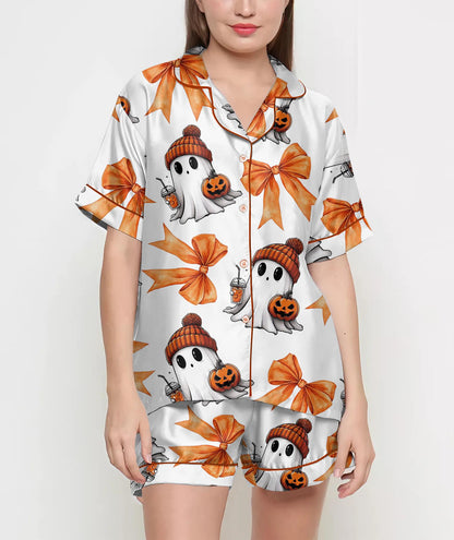Halloween Gifts, Halloween Shirt, Pajamas Satin Set, Cute Ghost Shirt, Ghost Shirt Design, Gift For Women, Halloween Coquette, Spooky Season 4329190423