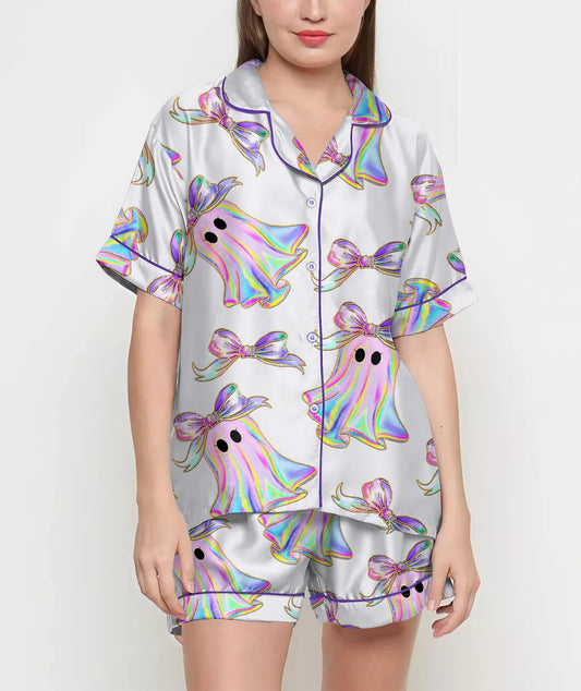 Halloween Gifts, Halloween Shirt, Pajamas Satin Set, Ghost Shirt, Ghost Shirt Design, Gift For Women, Halloween Coquette, Spooky Season