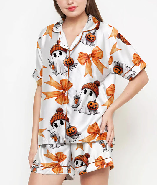 Halloween Gifts, Halloween Shirt, Pajamas Satin Set, Cute Ghost Shirt, Ghost Shirt Design, Gift For Women, Halloween Coquette, Spooky Season 4329190423