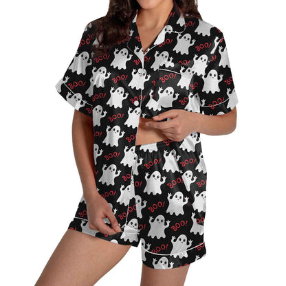 Halloween Blue Pajamas for Women Set Women Pajamas Graphic Printed Silk Satin Cute Sleepwear Buttons Short Sleeve Tops Shorts Sets Womens Sleepwear_Black_S