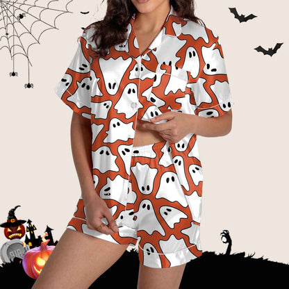 Halloween Blue Pajamas for Women Set Women Pajamas Graphic Printed Silk Satin Cute Sleepwear Buttons Short Sleeve Tops Shorts Sets Womens Sleepwear_Orange_M